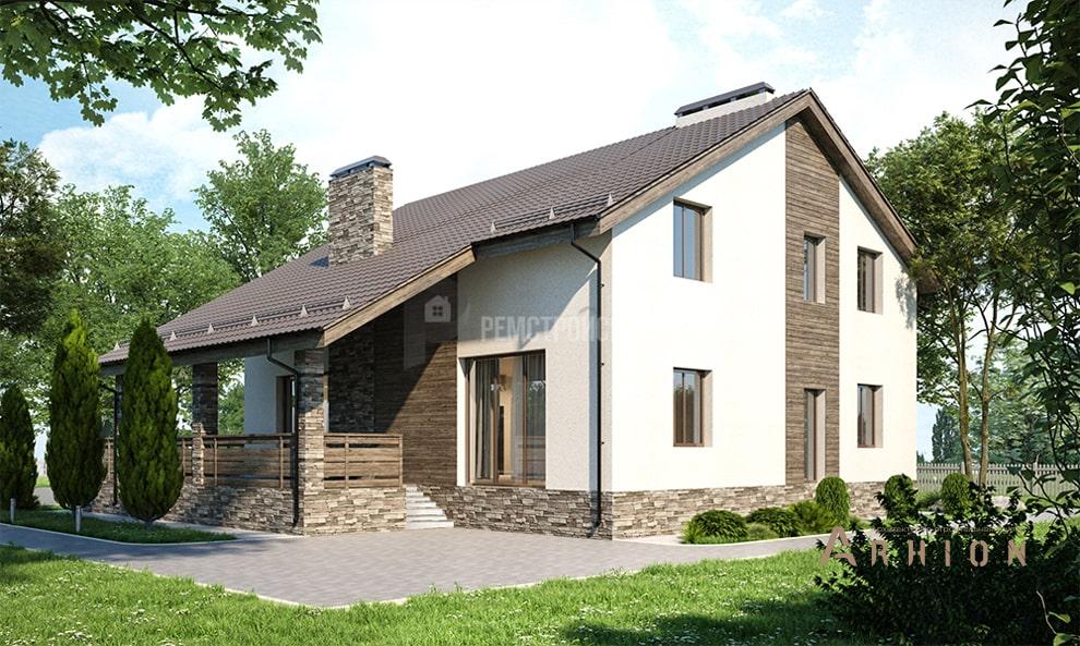 2. Проект одноэтажного дома в стиле шале с двускатной кровлей, t-12-01, площадью - 217 кв c мансардой, терассой, балконом